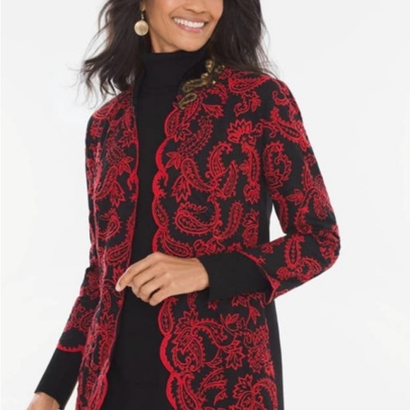 Chico's 2 Floral Paisley Embroidered Jacket Red & Black Embellished Jacket - Picture 7 of 9